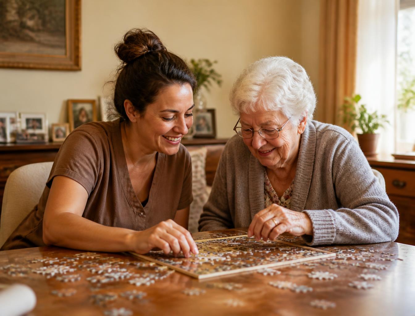 Een begeleider en een oudere vrouw maken samen een puzzel aan tafel